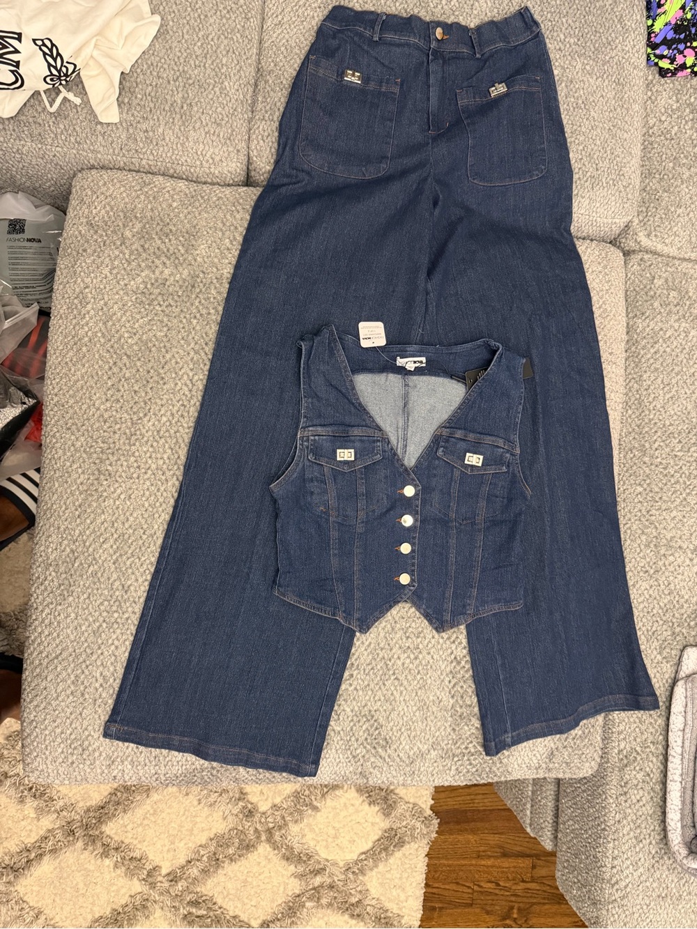 Fashion Nova Dark Blue Denim Wide-Leg Jeans with Matching Vest